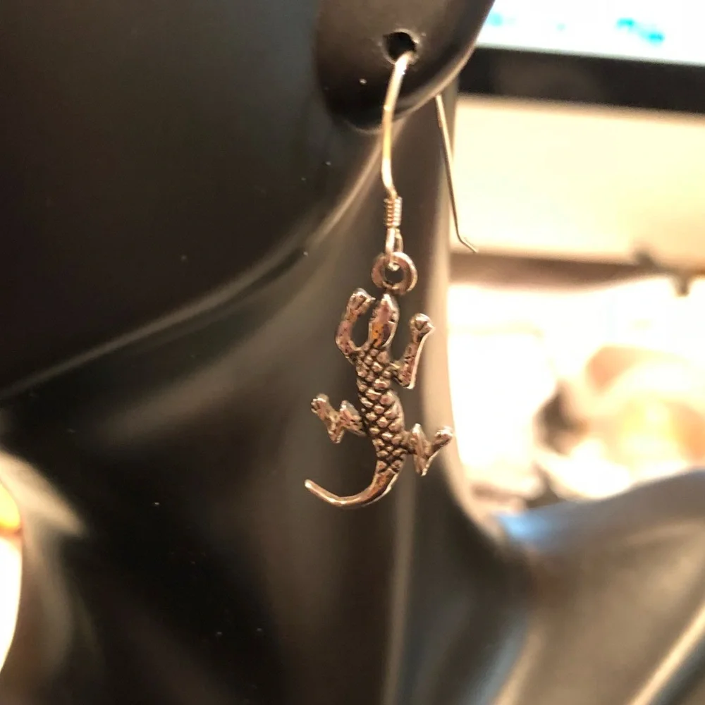 Southwest Gecko Dangle Sterling Earrings Artist Marked .925 Silver